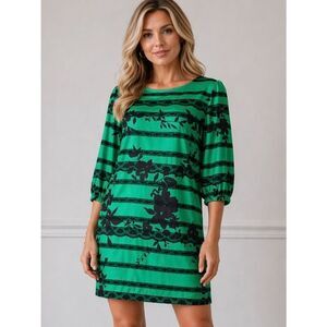 Uncle Frank Satin Floral Shift Dress Stripe Lace Trim Green Black S